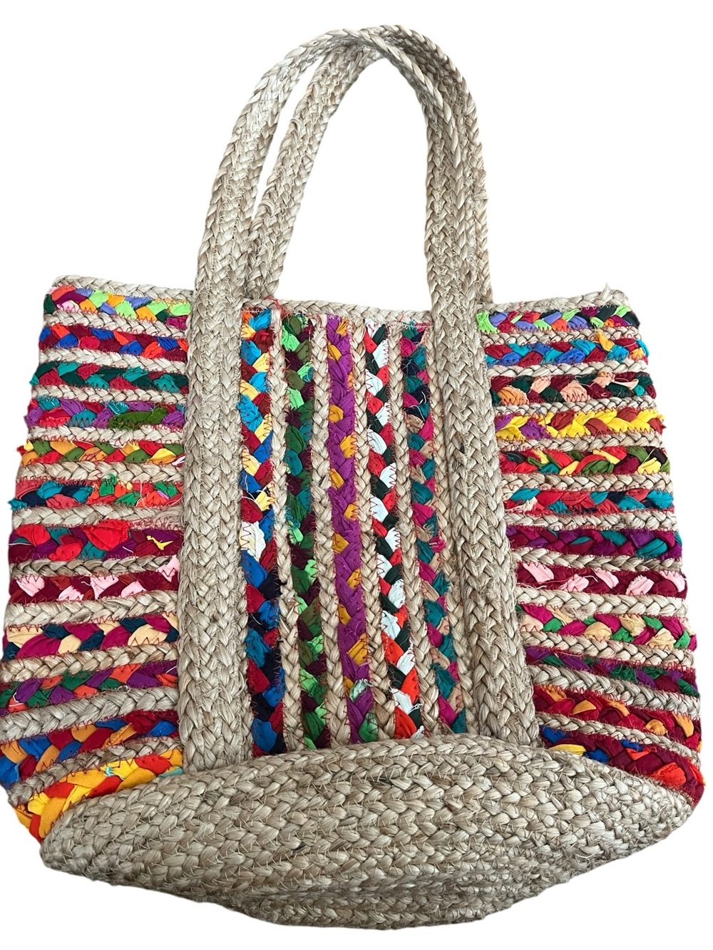 Multicolor Braided Straw Tote Bag - Boho Summer Beach Bag